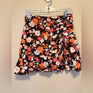 Cupshe Black Floral Wrap Skort with Orange, Red & White Blossoms